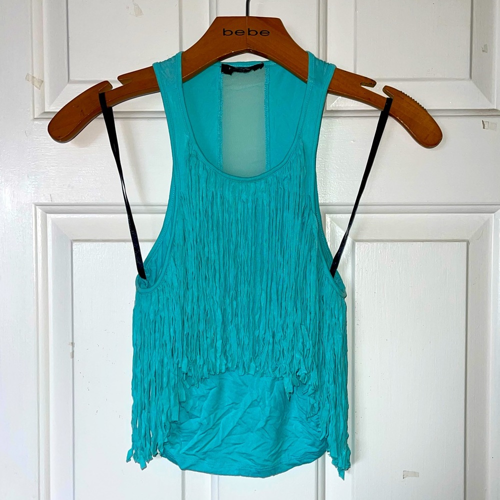 Bebe fringe crop top tank in aqua blue size xs